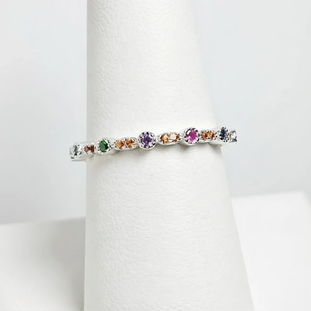 Rhodium Plated Solid Sterling Silver Multicolored CZ Stacking Ring Size 7.75